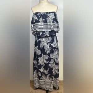 Romantic Cottagecore  Navy and White Ruffled, Strapless, Tiered Dress. Size S.